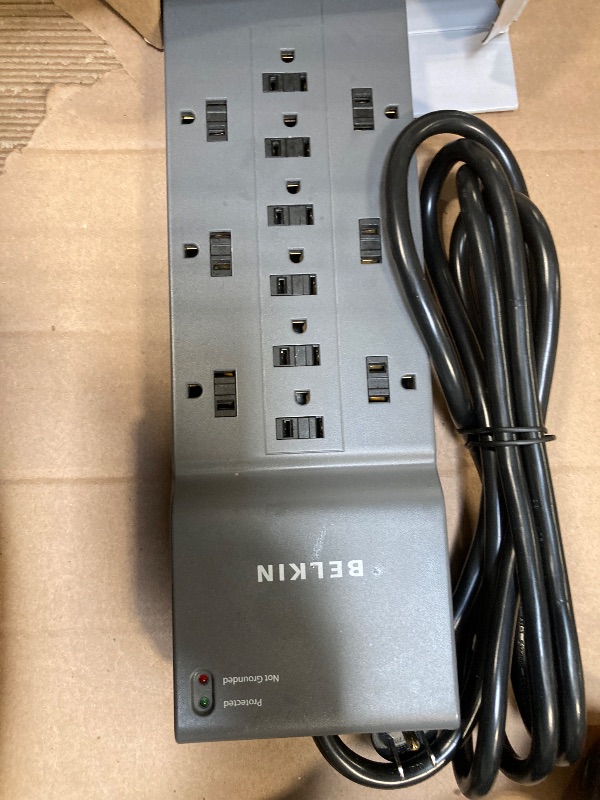 Photo 1 of *Minor Damage*
Belkin Power Strip Surge Protector with 12 AC Multiple Outlets, 10 ft Long Flat Plug Heavy Duty Extension Cord for Home, Office, Travel, Computer Desktop, Laptop & Phone Charging Bricks (4,156 Joules)