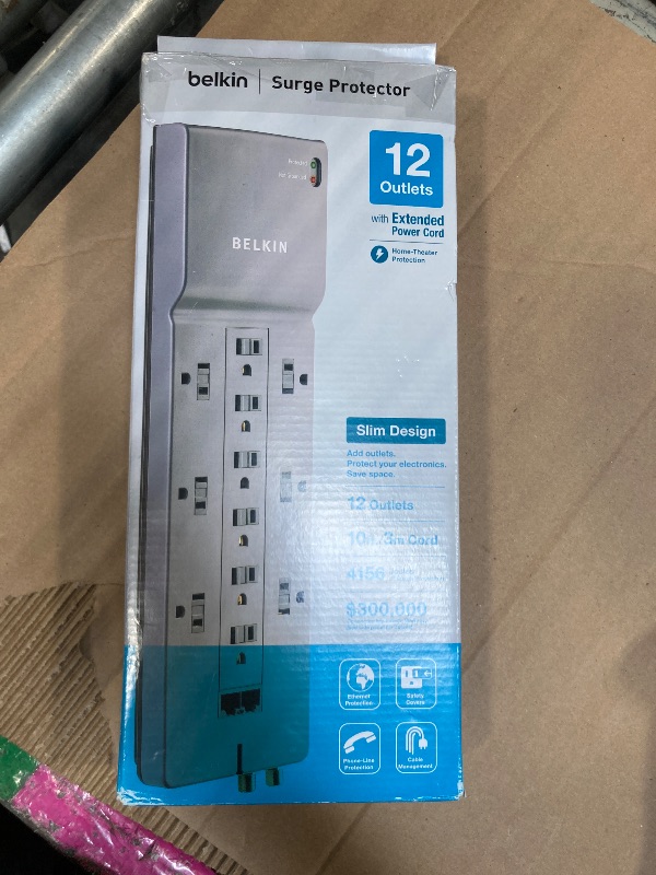 Photo 1 of *Minor Damage*
Belkin Power Strip Surge Protector with 12 AC Multiple Outlets, 10 ft Long Flat Plug Heavy Duty Extension Cord for Home, Office, Travel, Computer Desktop, Laptop & Phone Charging Bricks (4,156 Joules)