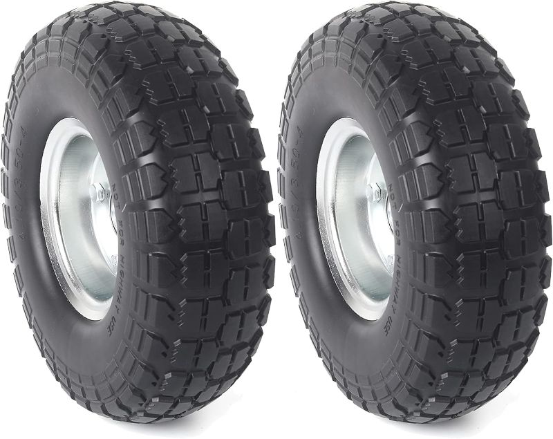 Photo 1 of **Similar To Photo** (2-Pack) 10-Inch Solid Rubber Tire Wheels - Replacement 4.10/3.50-4" Flat Free Tire with 5/8" Bearings, 2.2" Offset Hub - Compatible with Hand Truck, Wheelbarrow, Dolly, Gorilla Carts
