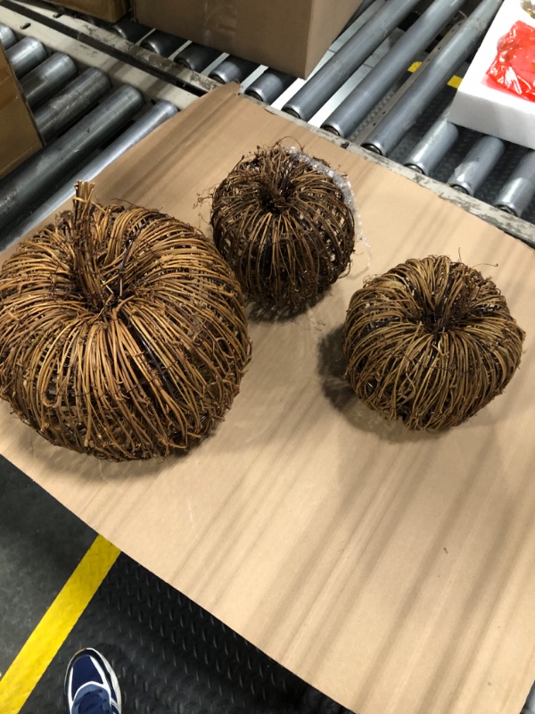 Photo 1 of ********PARTIAL SET******** Colingmill 20 Inch Set of 2 Wicker Rattan Pumpkin Stackable Pumpkins Set, Natural Woven Large Pumpkin Balls Stacked Thanksgiving Ball Ornament for Halloween Party Yard Fall Home Porch Decor