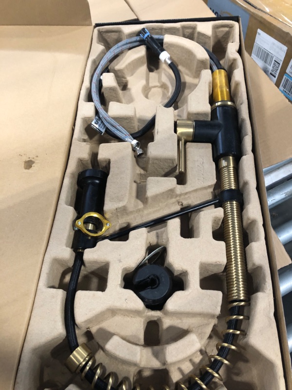 Photo 1 of **MINOR DAMAGE***
KRAUS Bolden Commercial Style 2-Function Single Handle Pull Down Kitchen Faucet in Brushed Brass/Matte Black, KPF-1610BBMB