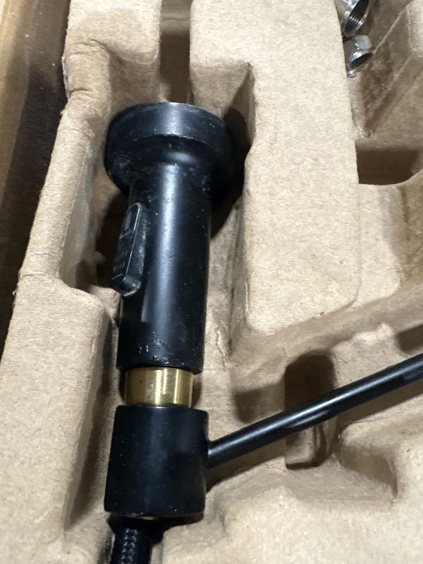 Photo 1 of **MINOR DAMAGE***
KRAUS Bolden Commercial Style 2-Function Single Handle Pull Down Kitchen Faucet in Brushed Brass/Matte Black, KPF-1610BBMB