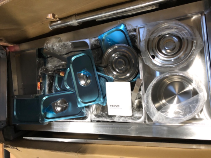 Photo 1 of ** MISSING HARDWARE** 
VEVOR Commercial Food Warmer, 7 Pans + 2 Pots Electric Steam Table, 1800W Professional Buffet Catering Food Warmer with Shield Undershelf Wheels, Stainless Steel Server for Party Restaurant Hotel