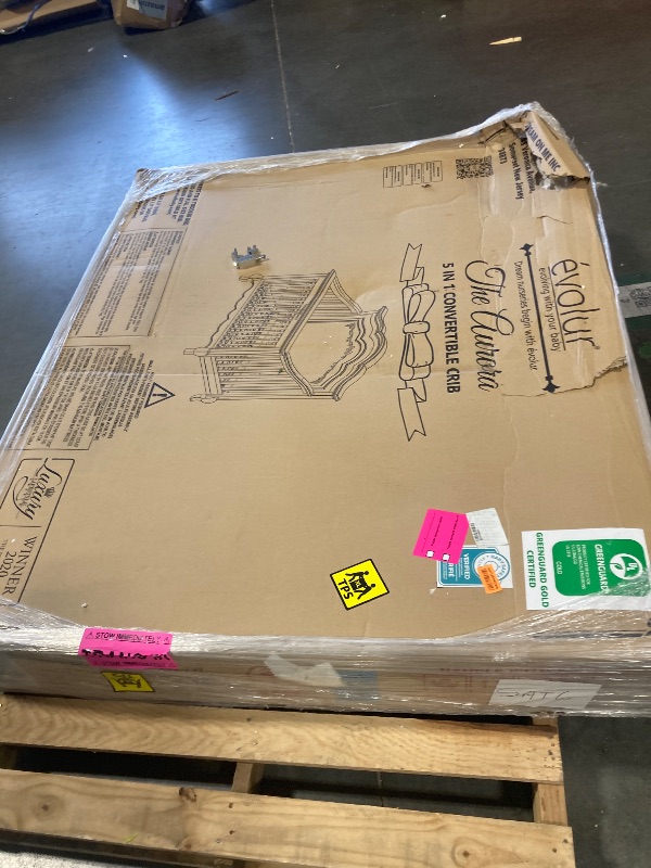 Photo 1 of ** BRAND NEW ITEM** évolur Aurora 5-in-1 Convertible Full-Size Baby Crib in Ivory Lace, GreenGuard Gold & JPMA, 3 Mattress HeightsRibbon Bow Scrollwork & Queen Anne Feet, Converts to Toddler, Day & Full-Size Bed