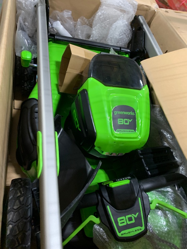 Photo 1 of ** BATTERY AND CHARGER INCLUDED/ UNTESTED ** Greenworks 80V 21" Brushless Cordless (Push) Lawn Mower (LED Headlight + Aluminum Handles), 4.0Ah Battery and Rapid Charger Included (75+ Compatible Tools)