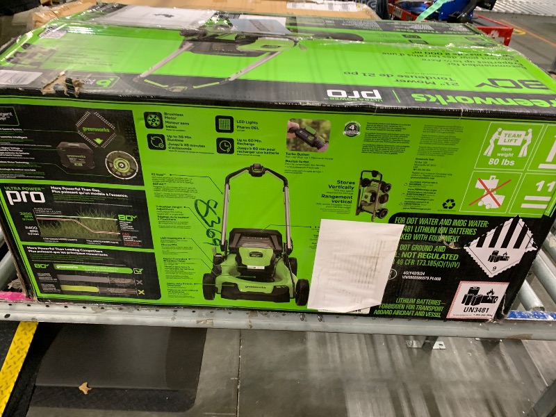 Photo 1 of ** BATTERY AND CHARGER INCLUDED/ UNTESTED ** Greenworks 80V 21" Brushless Cordless (Push) Lawn Mower (LED Headlight + Aluminum Handles), 4.0Ah Battery and Rapid Charger Included (75+ Compatible Tools)