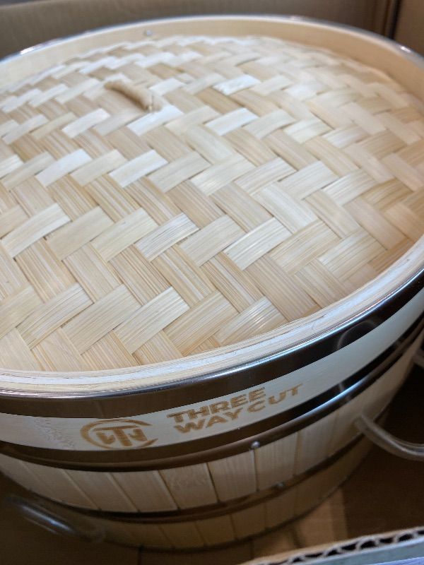 Photo 1 of *MINOR DAMAGE - USED*
2-tier 12" Bamboo Steamer with Reinforcement & Handle, Reusable Silicone Liner & Accessories Kit For Cooking Dumpling, Baby Bao Bun, Dim Sum, Rice Potsticker Steaming Chinese Asian Food & Vegetables