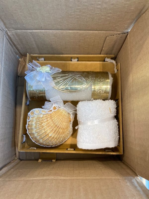 Photo 1 of ***MINOR DAMAGE*** Arcangeles Mexicanos Catholic Baptism Candle Set in a Wooden Box with Towel, Candle, Rosary and Shell for Baby Boys and Girls. Handmade in Mexico