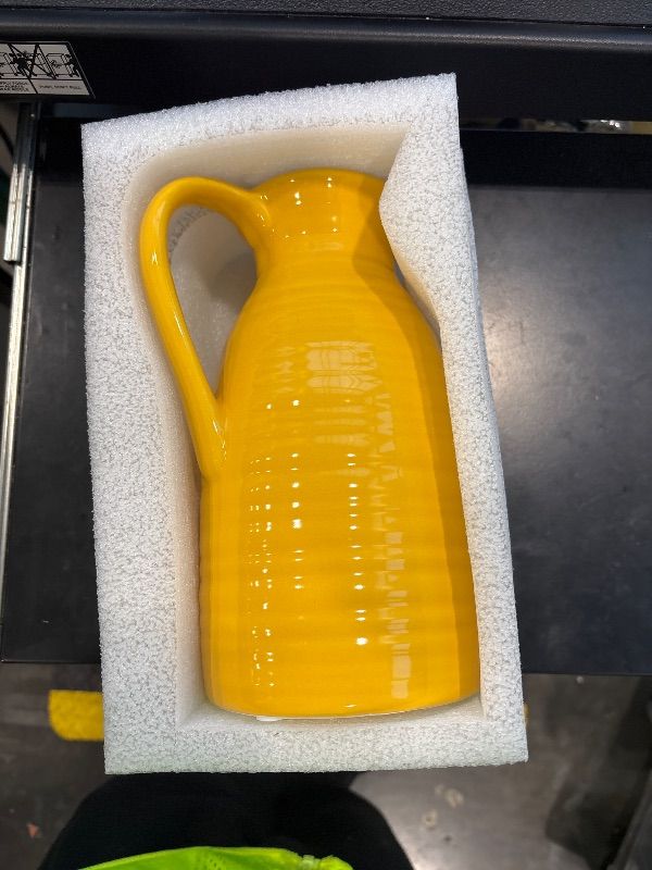 Photo 1 of ***Color: Yellow***hjn hjn Farmhouse Pitcher Vase for Flowers- Ceramic Pitcher Vase Red Decorative Pitcher for Your Kitchen/Home Decor/Office/Living Room/Bookshelf/Mantel/-Red