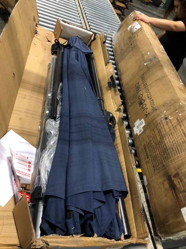 Photo 1 of ** VERY USED**10 ft Solar Lights Cantilever Umbrella outdoor patio, Offset Patio Umbrella with Easy Lift & Tilt Adjustment, UV Protection Fade Resistant for Deck, Pool, Garden, Navy Blue