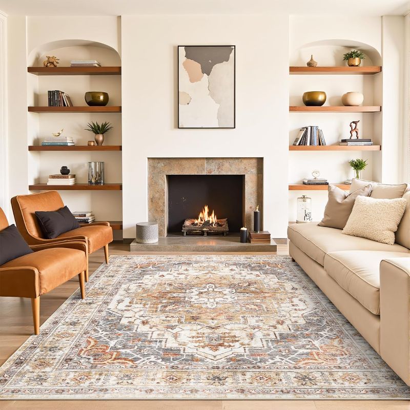 Photo 1 of ** SIMILAR IMAGE UNKNOWN SIZE OR BRAND***5x7 Area Rugs for Living Room,Stain Resistant Washable Rug,Non-Slip Backing Rugs for Bedroom,Kitchen,Printed Vintage Home Decor Rug (Turmeric/Grey, 5'x7')