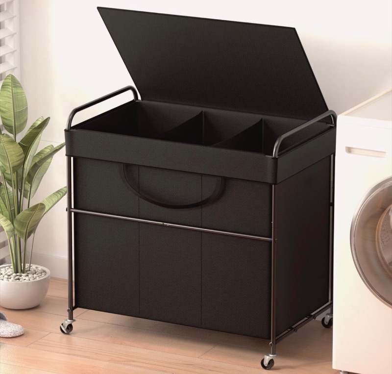 Photo 1 of *** SIMILAR IMAGE COLOR BEIGE***180L Large Laundry Hamper, 3 Compartment Laundry Basket with Lid, Removable Bag & Metal Structure with Industrial Wheels, Suitable for Bathroom, Dorm Room, Laundry Room (Black, 180L)