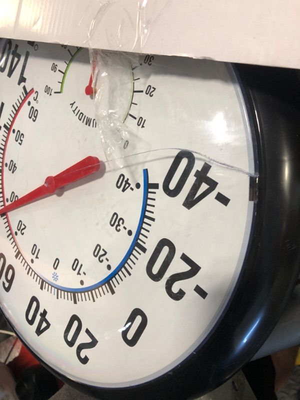 Photo 1 of ** CRACK ON FACE COVER ** Circrane 13.25 Inch Round Thermometer with Hygrometer, Large Indoor Wall Patio Bimetal Weather Thermometer, No Battery Required, Black