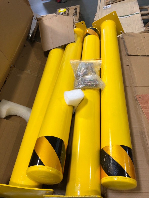 Photo 1 of  ***** ONLY 4 **** Safety Bollard, 6 Packs 36 Inch Height Bollard Post, 4.5 Inch Diameter, Yellow Safety Steel Bollard Post, with 24 Anchor Bolts, for Traffic Control, Driveway Barrier, Parking Pole