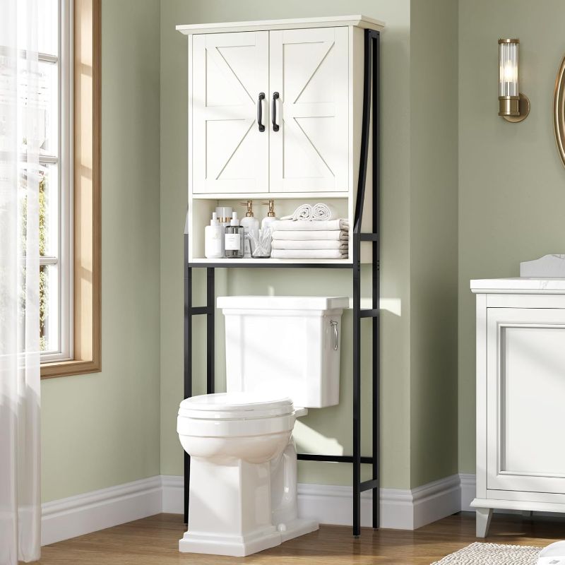 Photo 1 of ***TOP NEEDS TO BE TIGHTEN**** Over The Toilet Storage Cabinet, Over Toilet Bathroom Organizer, Above Toilet Storage Cabinet with Barn Doors Behind Toilet Bathroom Organizer (Cream White)
