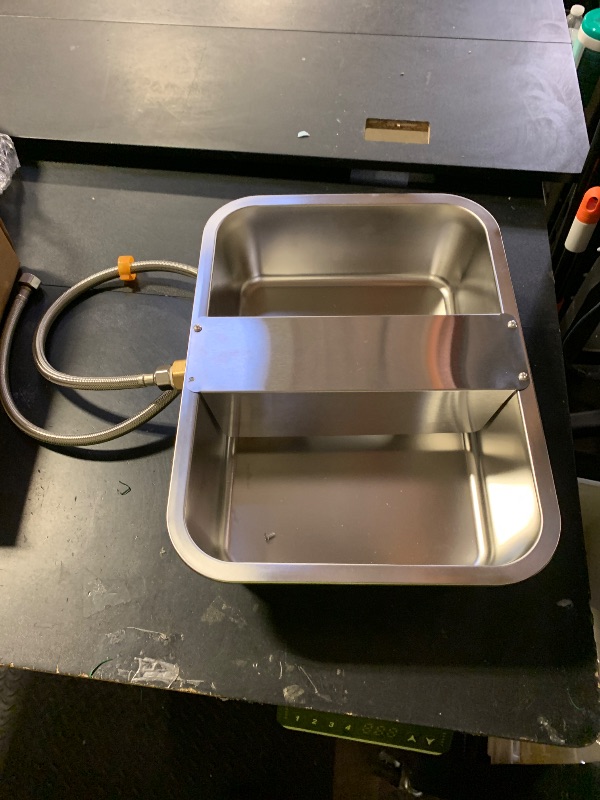 Photo 1 of *POSSIBLE*automatic waterer bowl, designed for pets or livestock. It features a float valve mechanism to automatically refill the bowl when the water level drops and a hose connection for a continuous water supply. 