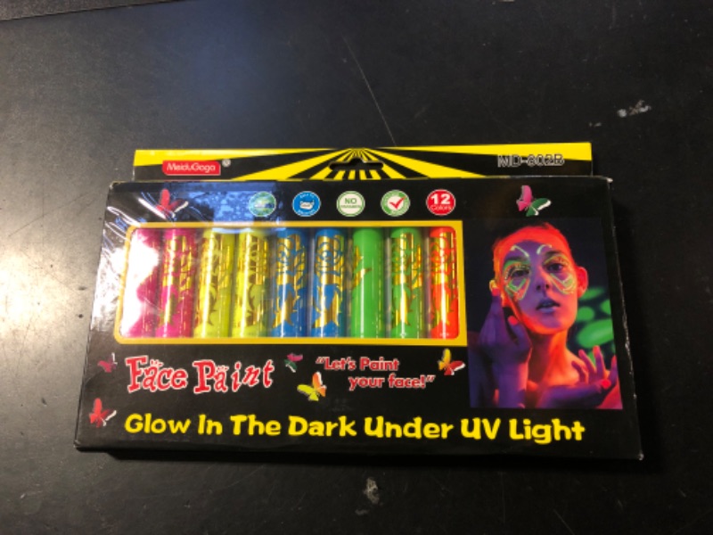 Photo 1 of 12 PCS Glow Face Body Paint, Glow In The Dark Under UV Black Light Sticks Makeup Neon Face Painting Kits for Adult Halloween Festival Accessory Glow Party Supplies
