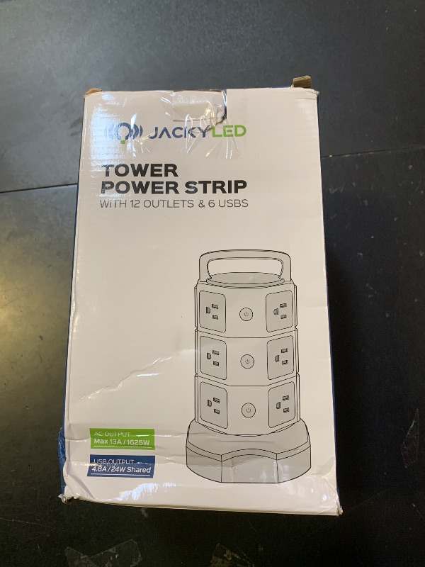 Photo 1 of ?10ft? Power Strip Tower JACKYLED Surge Protector Electric Charging Station with 13A 12 Outlets 6 USB Ports Heavy Duty Extension Cord for Home Office Computer Nightstand Laptop Phone White Black