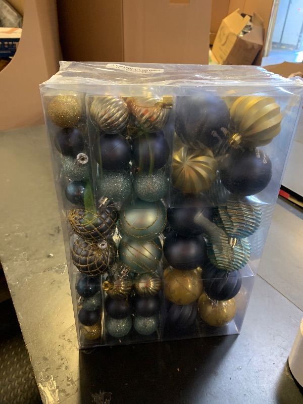 Photo 1 of 100Pcs Blue Gold Christmas Ornaments Set, Assorted Shatterproof Christmas Ball Ornaments, Christmas Tree Theme Hanging Decoration for Xmas Tree Holiday/Party/Home Decor (Blue & Gold)