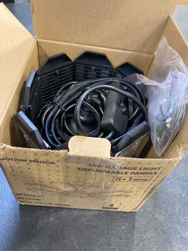 Photo 1 of ***PARTS ONY*** RUNBARRY Motion Sensor Garage Light Plug in - 25000LM Motion Sensor Shop Light with 8+1 LED Panels, 6500K Bay Lighting, for Garage, Workshop, Utility Room, Basement (1 Pack)