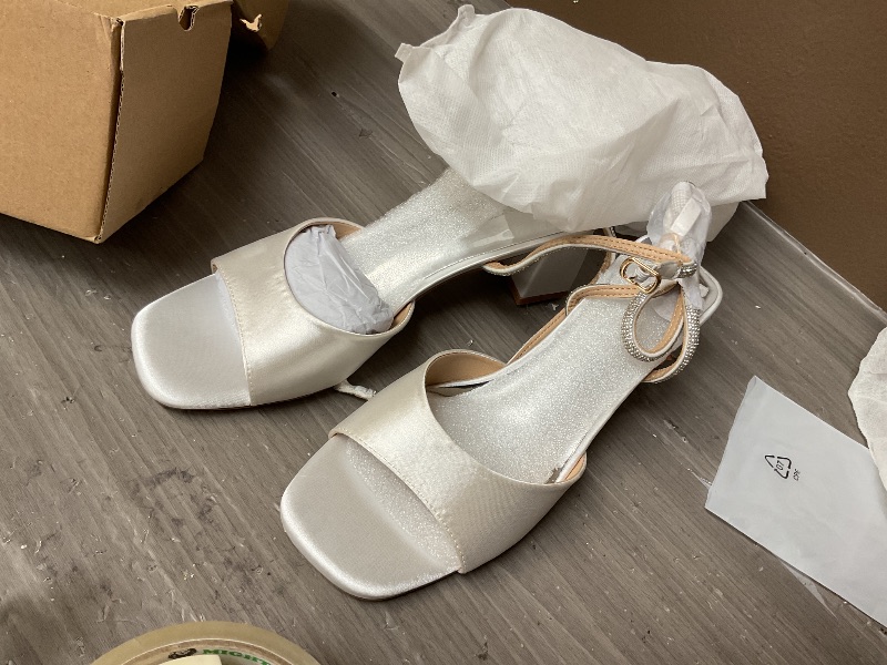 Photo 1 of Coutgo Womens Heeled Sandals Rhinestone Chunky Low Heels Satin Square Toe One Strap Ankle Buckle Dress Shoes, White, Size 8.5