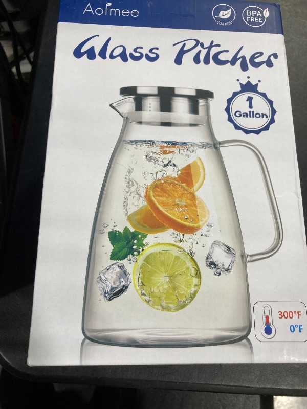Photo 1 of 1 Gallon 128oz Glass Pitcher, Water Pitcher with Lid and Spout, Glass Carafe for Hot/Cold Drink, Water Jug for Iced Tea, Coffee, Juice, Milk, Beverage (Extra-Wide Mouth)