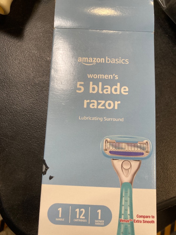 Photo 1 of Amazon Basics 5-Blade Razor Handle for Women, Includes 12 Cartridges and Shower Hanger, 14 Piece Set, Blue