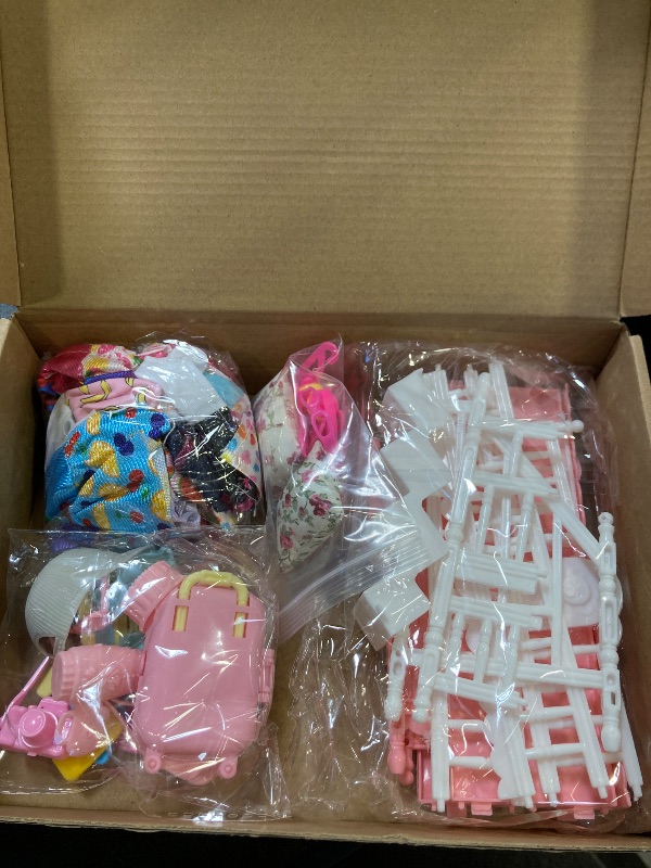 Photo 1 of 44 Pcs 18 Dresses and Accessories Mini Bunk Bed Travel Suitcase with 2 Pillows, 10 Hangers,1 Sunglasses, 1Headset, Pink Computer Set