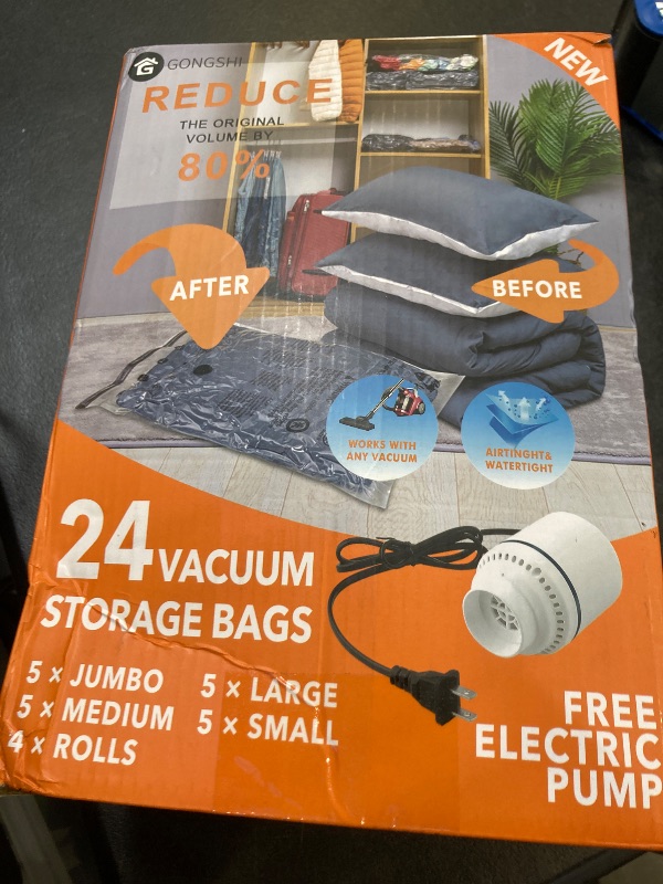 Photo 1 of 24 Pack Vacuum Storage Bags with Electric Pump, (5 Jumbo, 5 Large, 5 Medium, 5 Small, 4 Roll Up Bags) Space Saver Bag for Clothes, Mattress, Blanket, Duvets, Pillows, Comforters,Travel