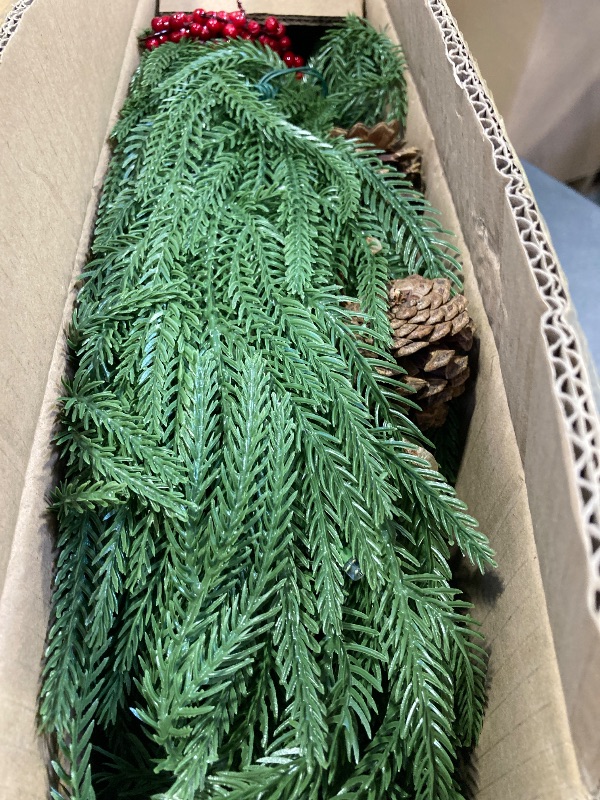 Photo 1 of 2PCS 6FT Prelit Christmas Garland, Realistic Green Norfolk Pine Garland with Lights Battery Operated for Mantle Stairs Railing Fireplace Table Indoor Xmas Décor