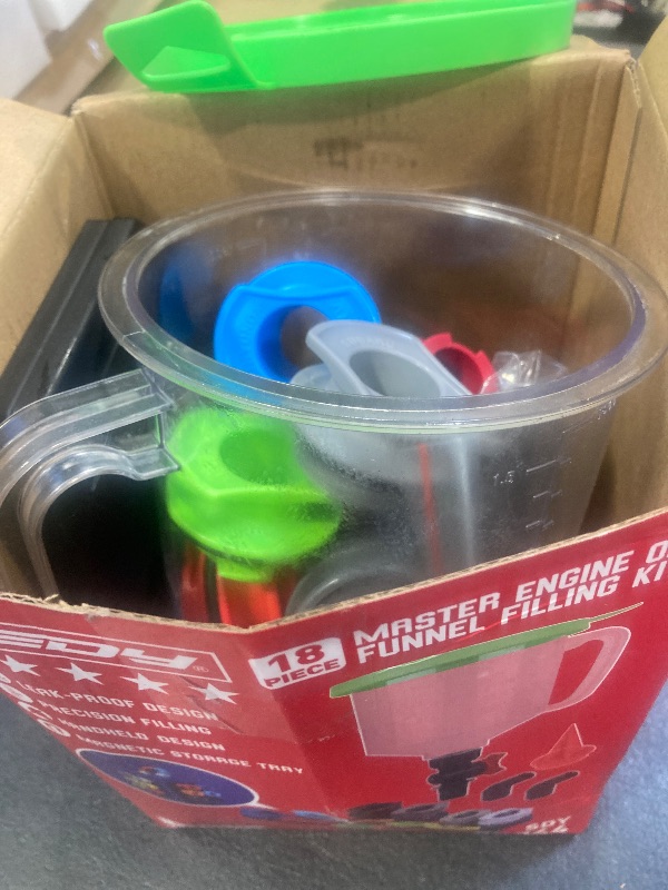 Photo 1 of 18-Piece Engine Oil Funnel Set, 1.59QT/1.5L Automotive Oil Funnel Kit with 12 Adapters, Elbow Fitting, Arrow Screen and Magnetic Storage Hooks Tray, Compatible with GM, Ford, BMW, Audi, Land Rover Etc