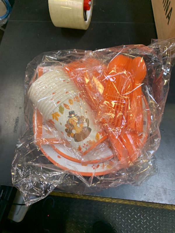 Photo 1 of 168 Pcs Turkey Thanksgiving Party Supplies Kit Give Thanks Decorations Includes Plates, Napkins, Cups, Cutlery for Thanksgiving Party Decorations, Serve 24