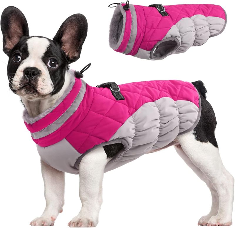 Photo 1 of FUAMEY Dog Coat for Small Dogs,Waterproof Dog Winter Jacket with Harness Built in Puppy Cold Weather Coats Reflective Pet Vest with Zipper Warm Fleece Dogs Snowsuit Windproof Pink large