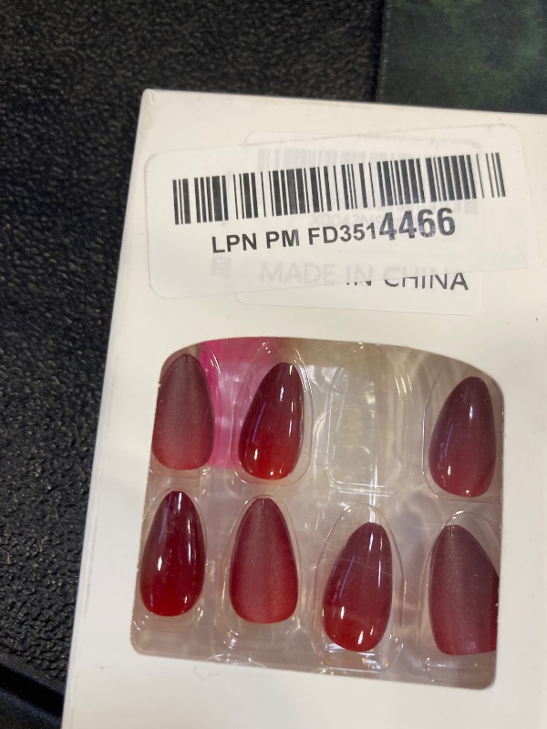 Photo 1 of 24 Pcs Wine Red Solid Color Fake Nails, Medium Almond Press on Nails, Glossy Acrylic Glue on Nails, Reusable Full Cover Glue on Nails, for Women DIY Manicure Decoration