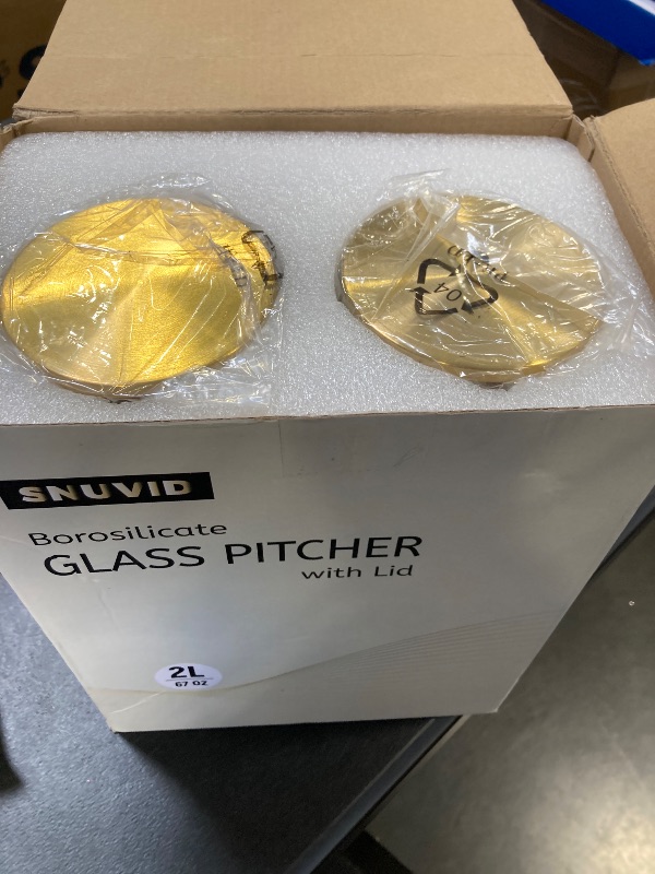 Photo 1 of 2 Pack 2 Liter/68 oz Square Glass Pitcher with Lid, Classic Stripes Water Pitchers with Handle for Fridge, Large Jug for Iced Tea, Coffee, Borosilicate Glass Carafe for Hot/Cold Brew Drink, Gold