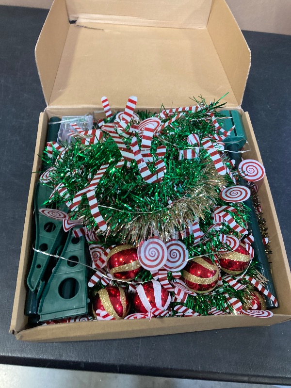 Photo 1 of [Timer] 6 Ft Pop Up Christmas Tree with Lights, Green&Gold Tinsel Pencil Tree with 50 Multicolored Light Christmas Balls Lollipop Candy Cane Battery Operated for Home Holiday Xmas Party Indoor Decor