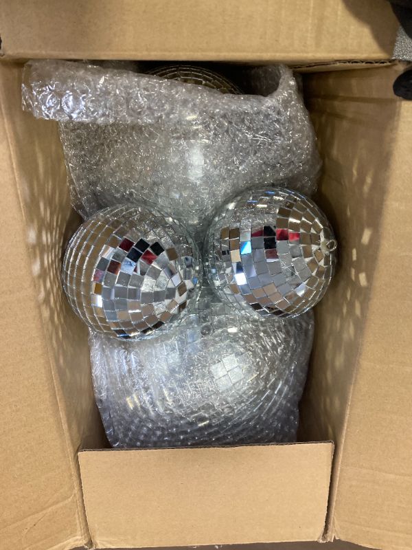 Photo 1 of 4 Pcs Large Disco Ball Decor- Silver Hanging Mirror Disco Balls Ornament for New Year Decor Christmas Tree Wedding Party Supplies Holiday Dance Music Festivals Club (8, 6, 4 Inch)