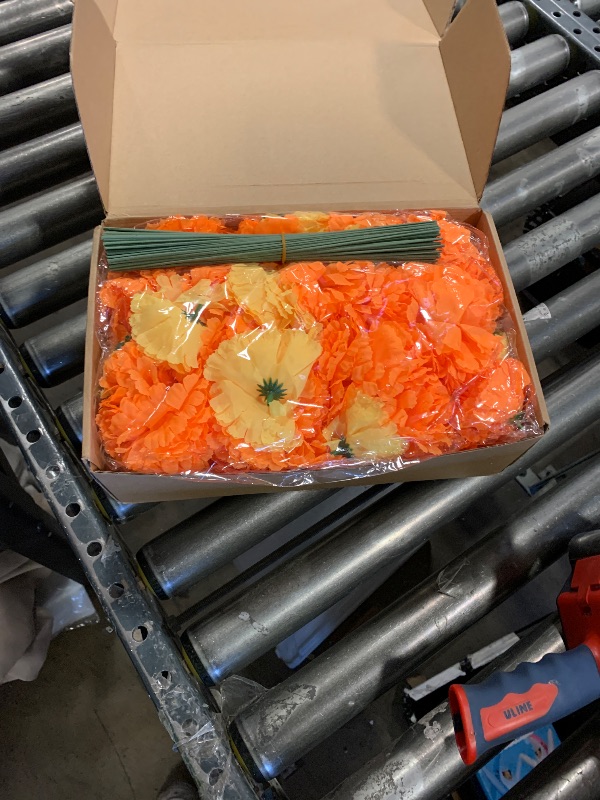 Photo 1 of 100 Pack Artificial Marigold Flower with Stems Mexican False Flowers Cinco De Mayo DIY Marigold Garlands for Dia De Los Muertos Fiesta Party Traditional Decorations(Orange, Yellow)