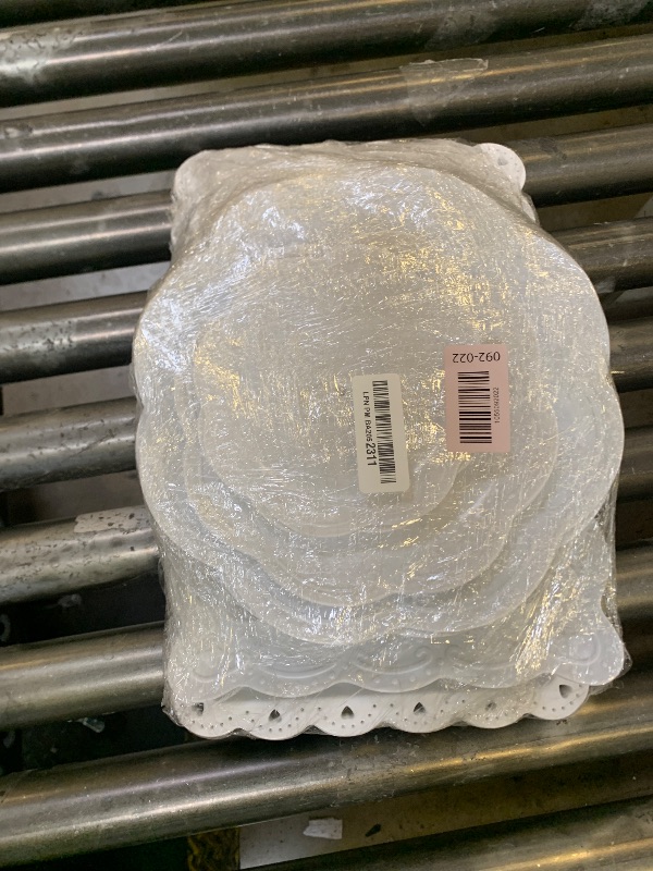 Photo 1 of 10 Pcs Cake Stand White Plastic Dessert Table Display Set 4 Pcs 3 Tired Cupcake Stand Cookie Tray Rack Serving Tray Cake Display Tower and 6 Pcs Dessert Trays for Wedding Baby Shower Tea Party (White)