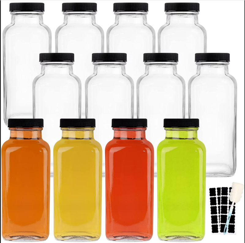 Photo 1 of 12 OZ Glass Drink Bottles, Set of 12 Vintage Glass Water Bottles with Lids, Great for storing Juices, Milk, Beverages, Kombucha and More (Labels and Sponge Brush Included)