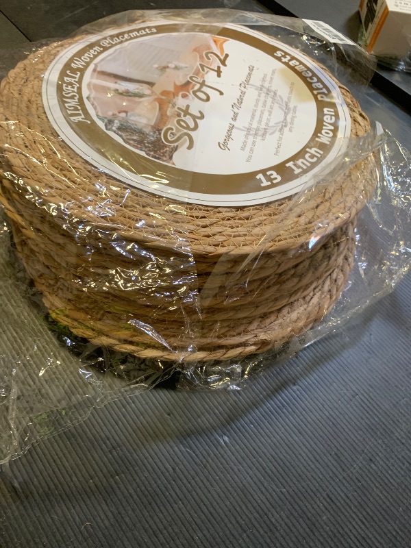 Photo 1 of 13 Inch Woven Placemats Set of 12, Boho Round Place Mats for Dining Table Decor, Rustic Jute Chargers for Dinner Plates, Farmhouse Outdoor Patio, Water Hyacinth Wicker Rattan Braided Boho Placemat