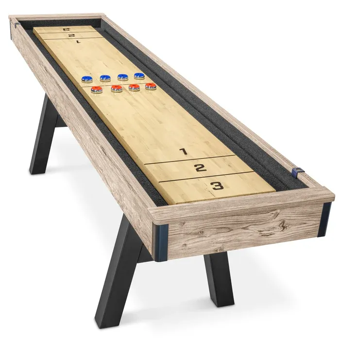 Photo 1 of GoSports Premium 9 ft Shuffleboard Table with 8 Pucks, Shuffleboard Wax, and Brush