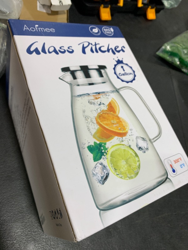 Photo 1 of 1 Gallon 128oz Glass Pitcher, Water Pitcher with Lid and Spout, Glass Carafe for Hot/Cold Drink, Water Jug for Iced Tea, Coffee, Juice, Milk, Beverage (Extra-Wide Mouth)