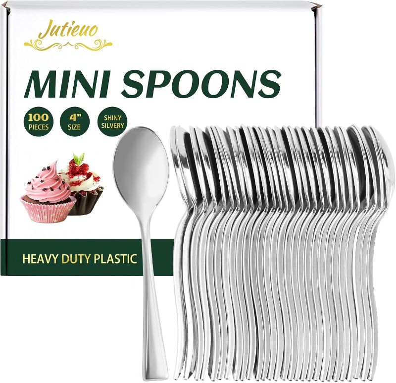 Photo 1 of Jutieuo 100CT Plastic Mini spoons 4 Inch Heavy Duty Small Silver Dessert Forks Disposable Tiny Forks for Appetizers Tasting, Cocktail Hors D'oeuvres, Charcuterie Board, Wedding Reception