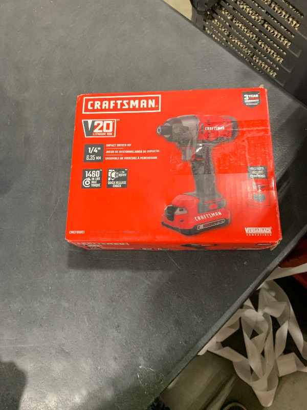 Photo 1 of CRAFTSMAN 20V MAX Impact Driver Kit, 1/4 Inch, 2,800 RPM, LED Work light, Battery and Charger Included (CMCF800C1)