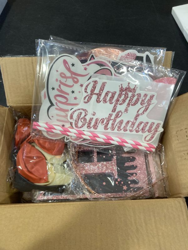 Photo 1 of 60th Birthday Decorations for Women - Rose Gold 37Pcs Happy 60th Bday Party Kit with Banner, Backdrop, Tiara, Sash, Cake Topper, Latex Balloons, Hanging Swirls, Centerpieces