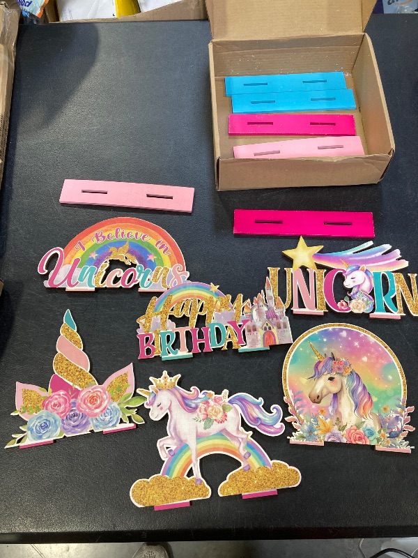 Photo 1 of 6 Pcs Unicorn Birthday Table Wooden Decorations Unicorn Rainbow Birthday Party Table Decor Pink Photo Props Sign for Girls Baby Shower Party Supplies