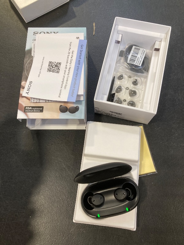 Photo 1 of Sony CRE-E10 Self-Fitting OTC Hearing Aids for Mild to Moderate Hearing Loss, Prescription-Grade Sound Quality, Comfortable Earbud Design, Bluetooth Enabled for iOS, and Rechargeable Battery, Black