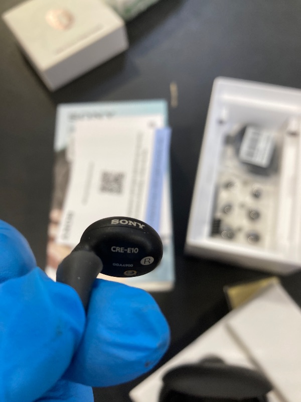 Photo 1 of Sony CRE-E10 Self-Fitting OTC Hearing Aids for Mild to Moderate Hearing Loss, Prescription-Grade Sound Quality, Comfortable Earbud Design, Bluetooth Enabled for iOS, and Rechargeable Battery, Black