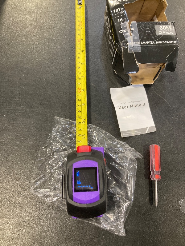 Photo 1 of 3 in 1 Digital Laser Tape Measure, 197ft/60m Laser Distance Meter, 16ft/5m Digital Tape Measure with Cross Line, AutoLock, ft/in/m Unit Switch, Measure Area, Volume, Pythagorean